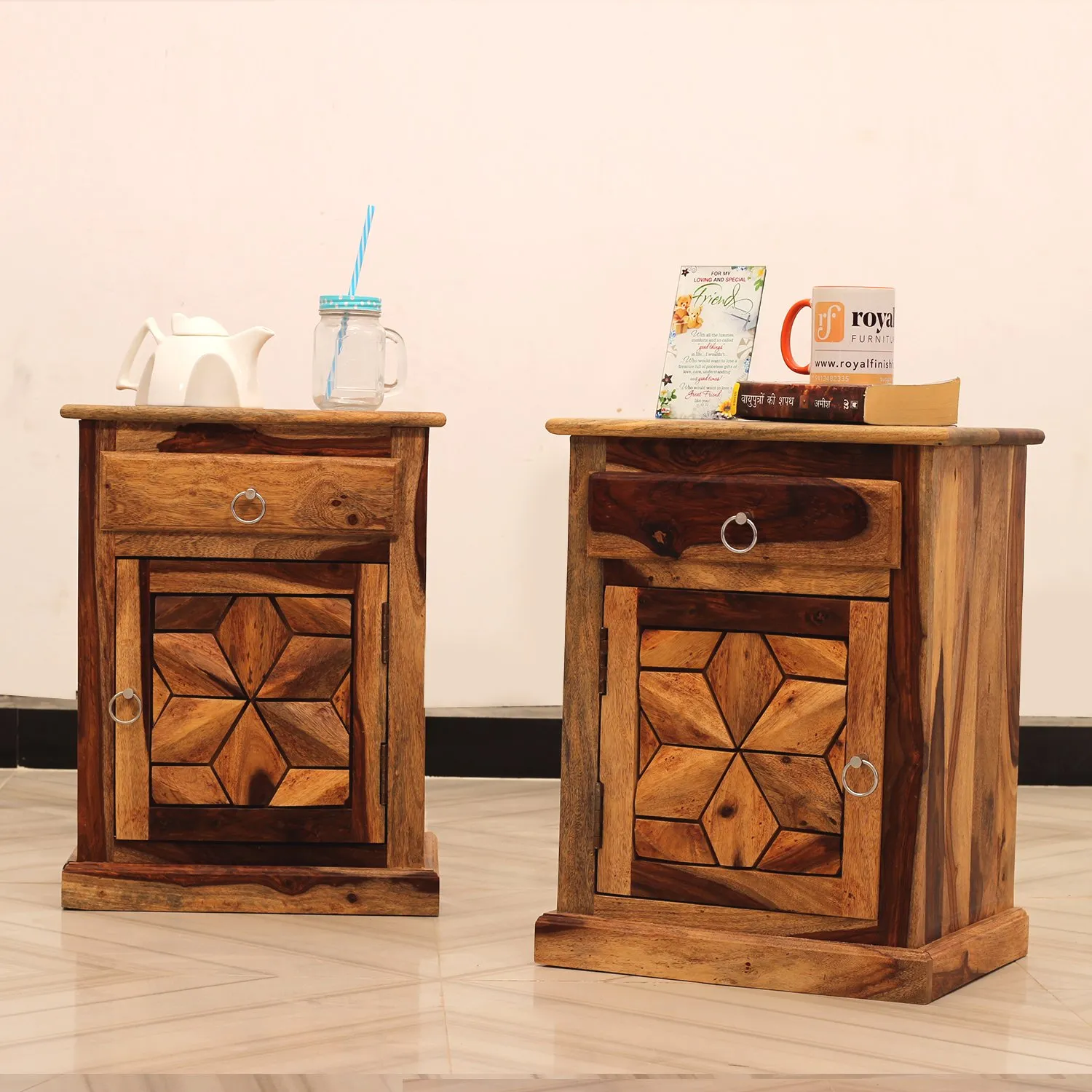 Royal Finish Floresque Double Bedside Table In Furniture Sheesham Wood Natural sheesham wood bed image 5