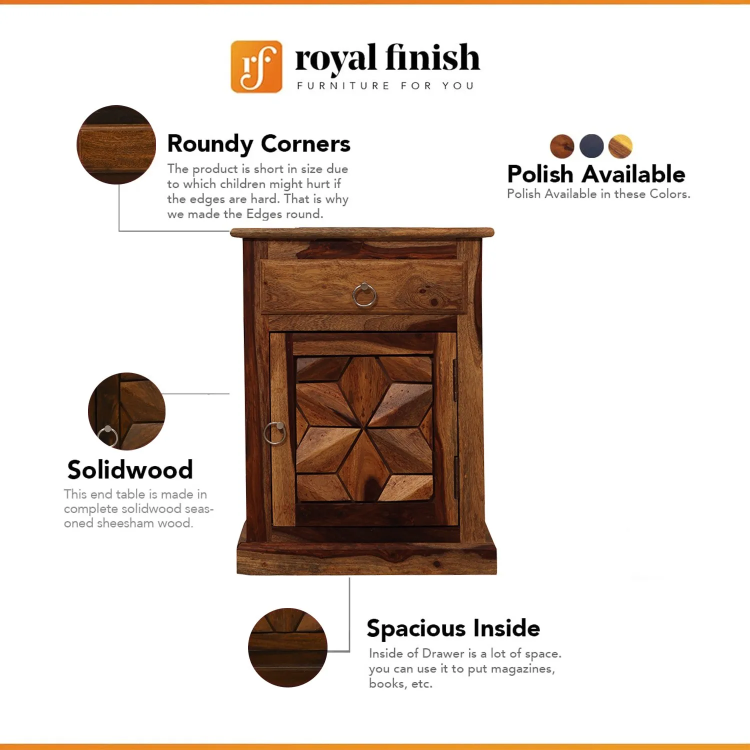 Royal Finish Floresque Bedside Table In Furniture Sheesham Wood In Natural Colou sheesham wood bed image 2
