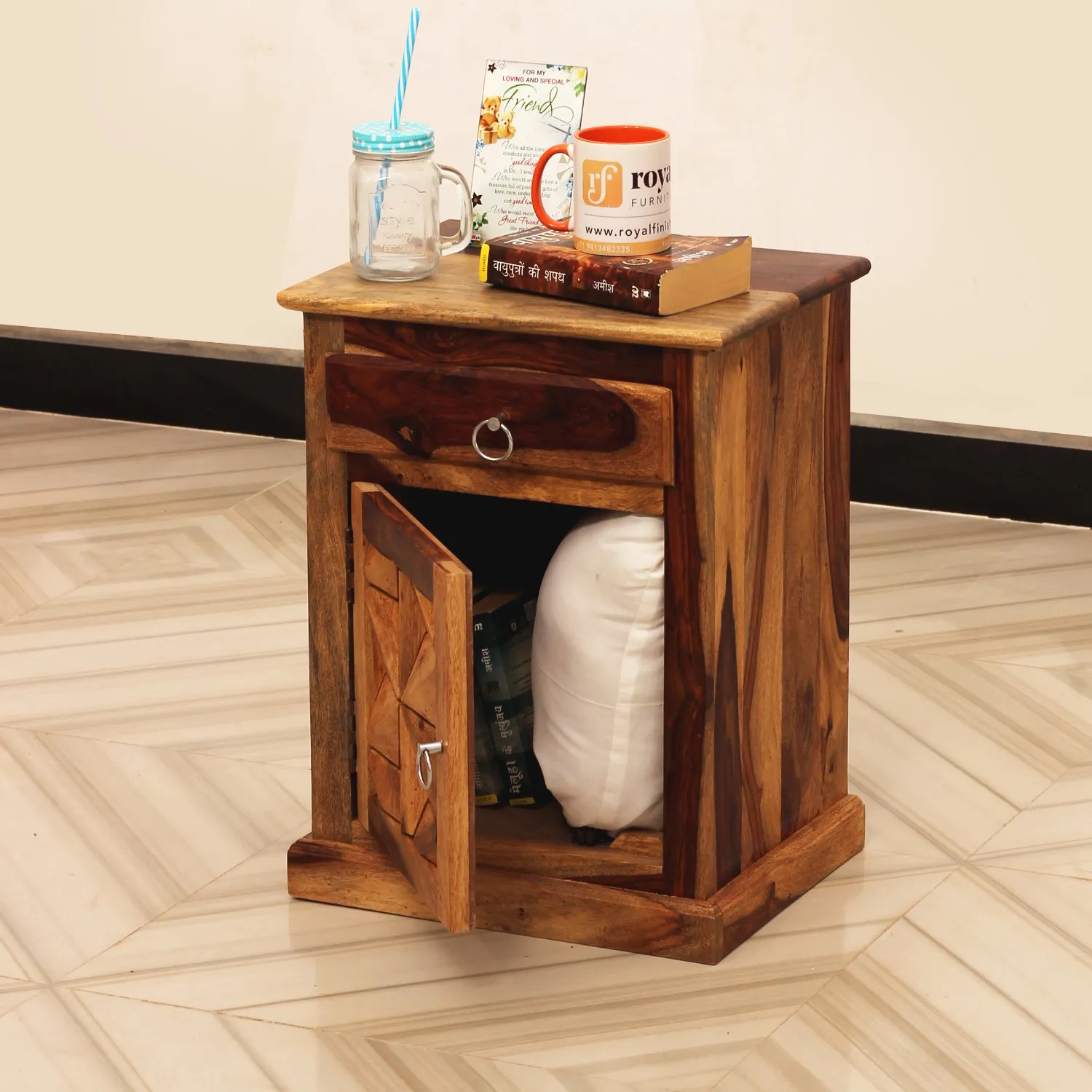 Royal Finish Floresque Bedside Table In Furniture Sheesham Wood In Natural Colou sheesham wood bed image 5