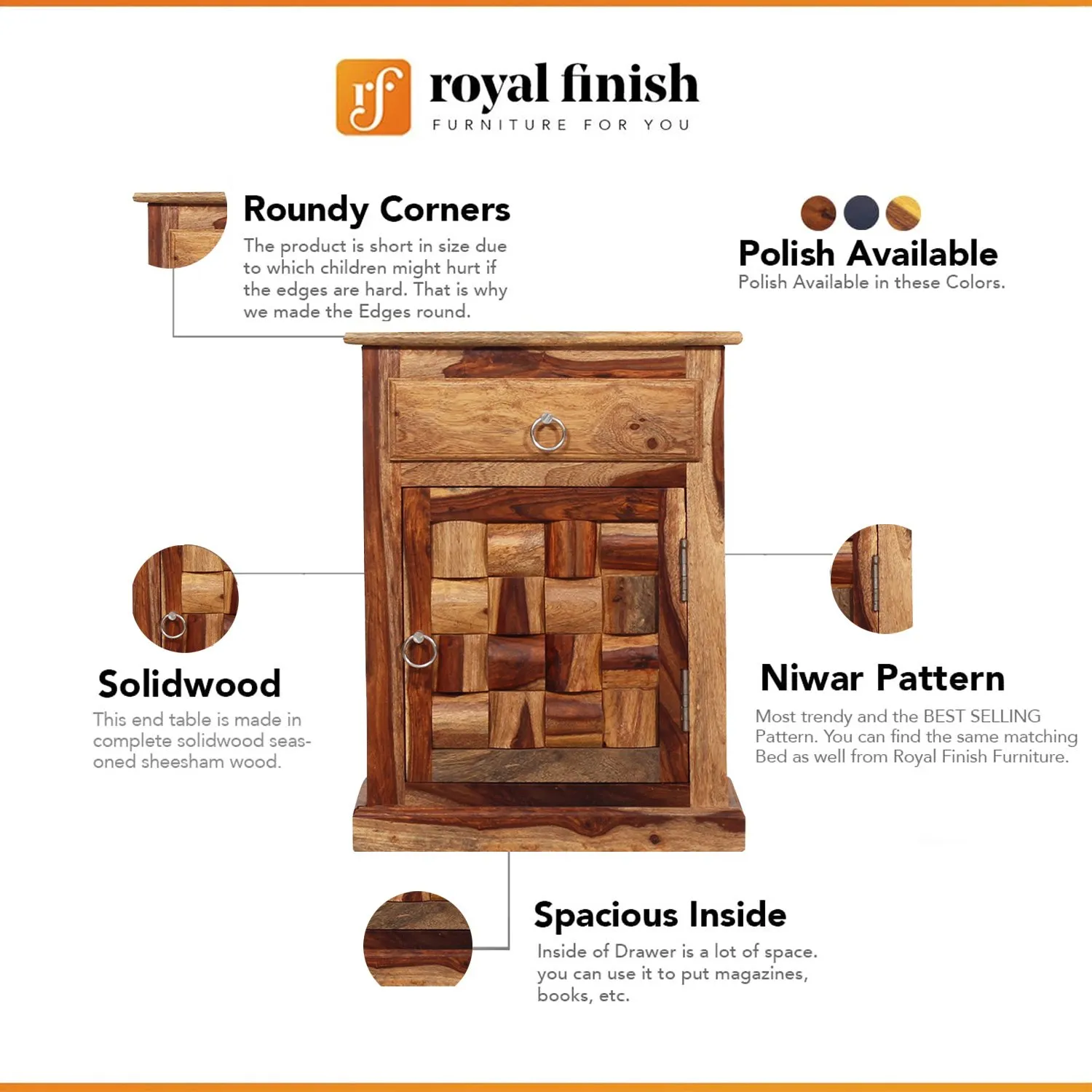 Royal Finish Nivora Double Bedside Table In Furniture Sheesham Wood In Natural sheesham wood bed image 2