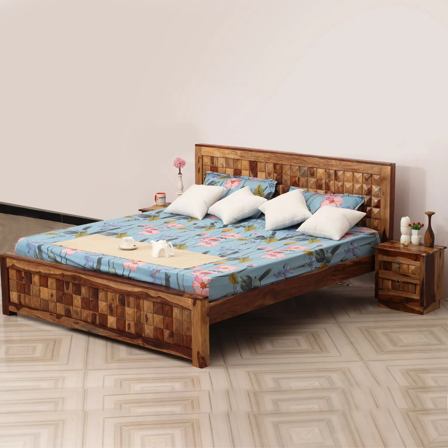Royal Finish Diamondie King Size Bed In Natural Colour With Matte Finish sheesham wood bed image 11