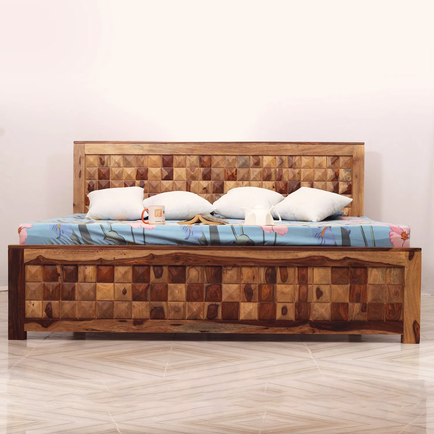 Royal Finish Diamondie King Size Bed In Natural Colour With Matte Finish sheesham wood bed image 12