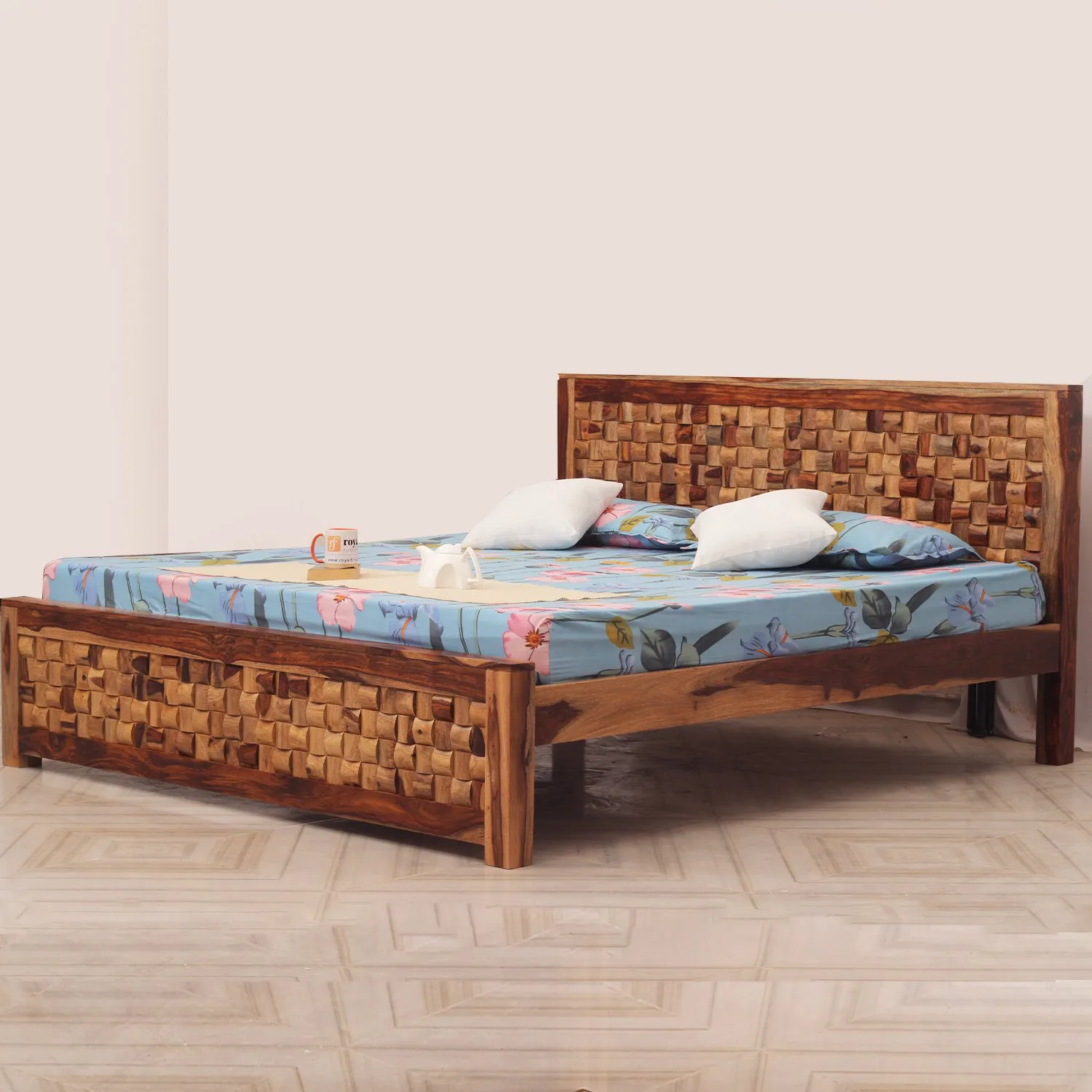 Royal Finish Nivora King Size Bed In Natural Colour With Matte Finished sheesham wood bed image 2