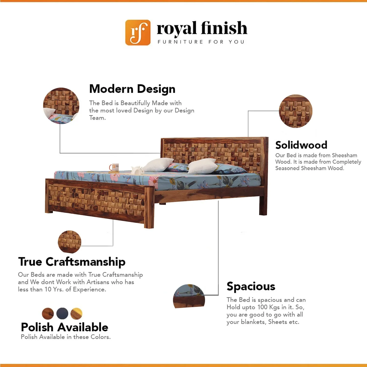 Royal Finish Nivora King Size Bed In Natural Colour With Matte Finished sheesham wood bed image 4