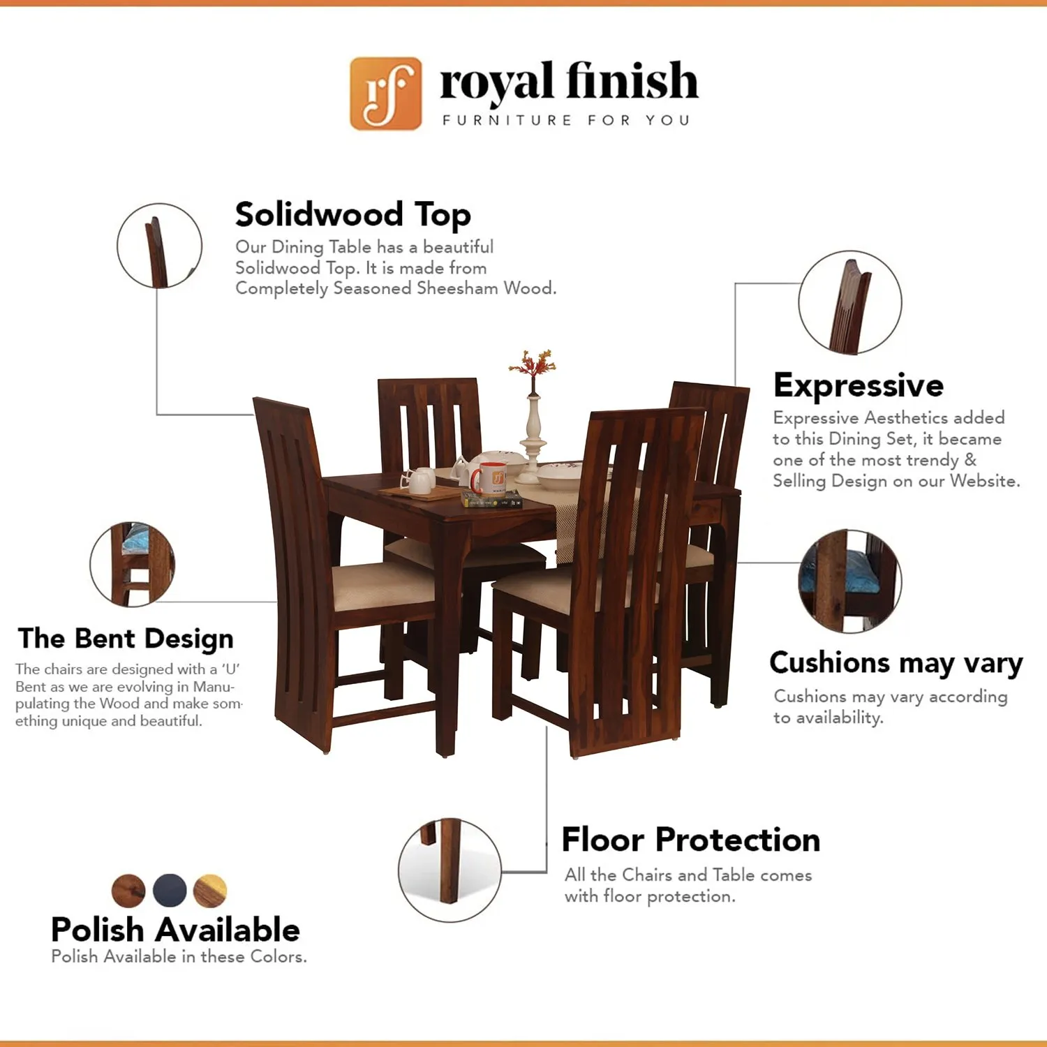 Royal Finish Neo Bentwood 4 Seater Dining Set in Natural Colour in Sheesham sheesham dining table image 2