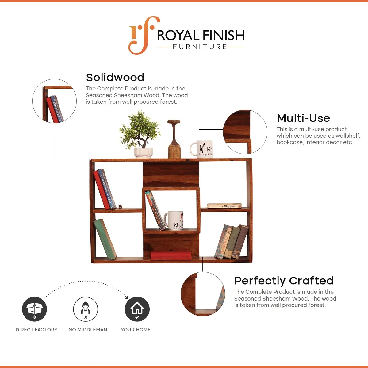 Royal Finish Ernista Wall Shelf Natural Honey In Sheesham with Matte Finished sheesham wood furniture image 2