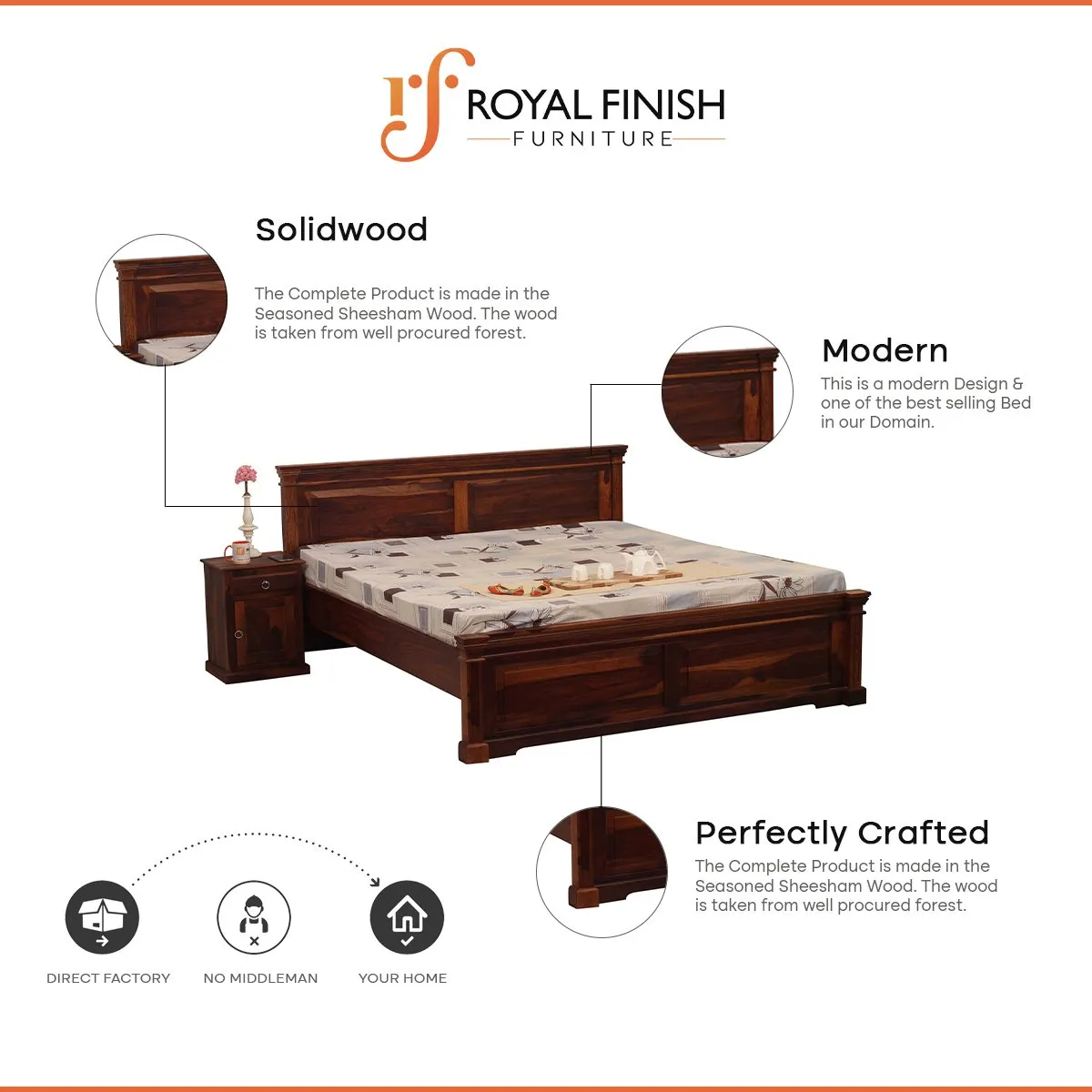 Royal Finish Stellar King Size Bed In Natural Colour With Matte Finished sheesham wood bed image 3