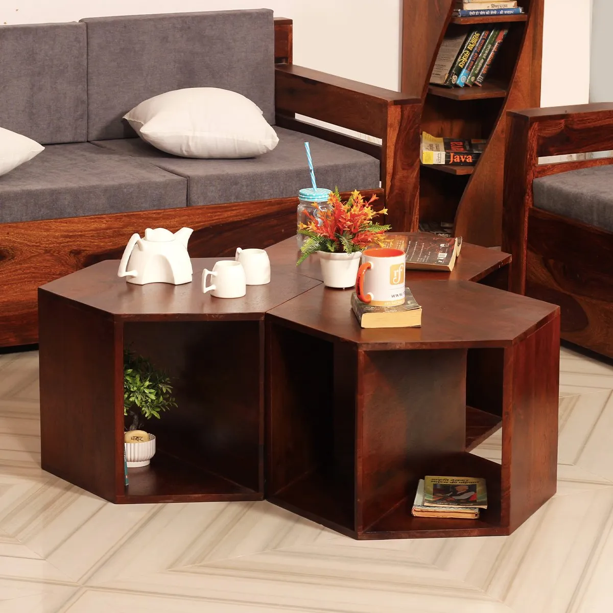 Royal Finish Hexagon Stool(Set of 3) in Sheesham Wood With Natural Colour sheesham wood furniture image 5