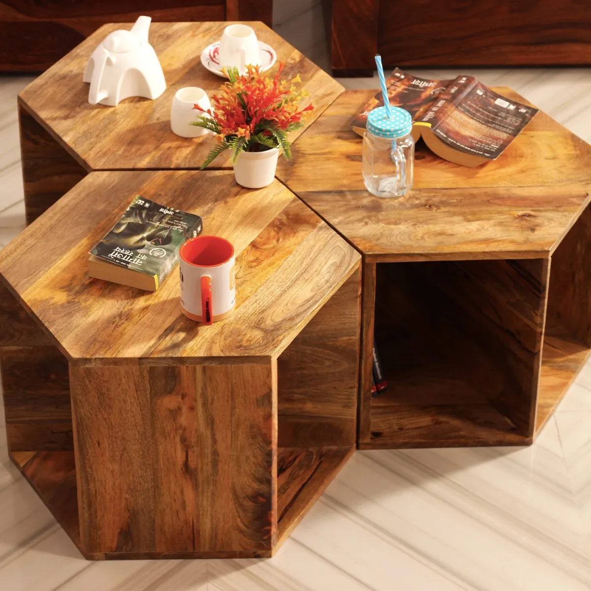 Royal Finish Hexagon Stool(Set of 3) in Mango Wood With Natural Colour sheesham wood furniture image 3