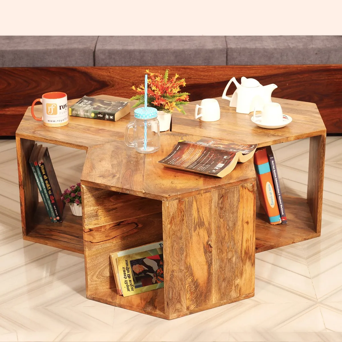 Royal Finish Hexagon Stool(Set of 3) in Mango Wood With Natural Colour sheesham wood furniture image 6